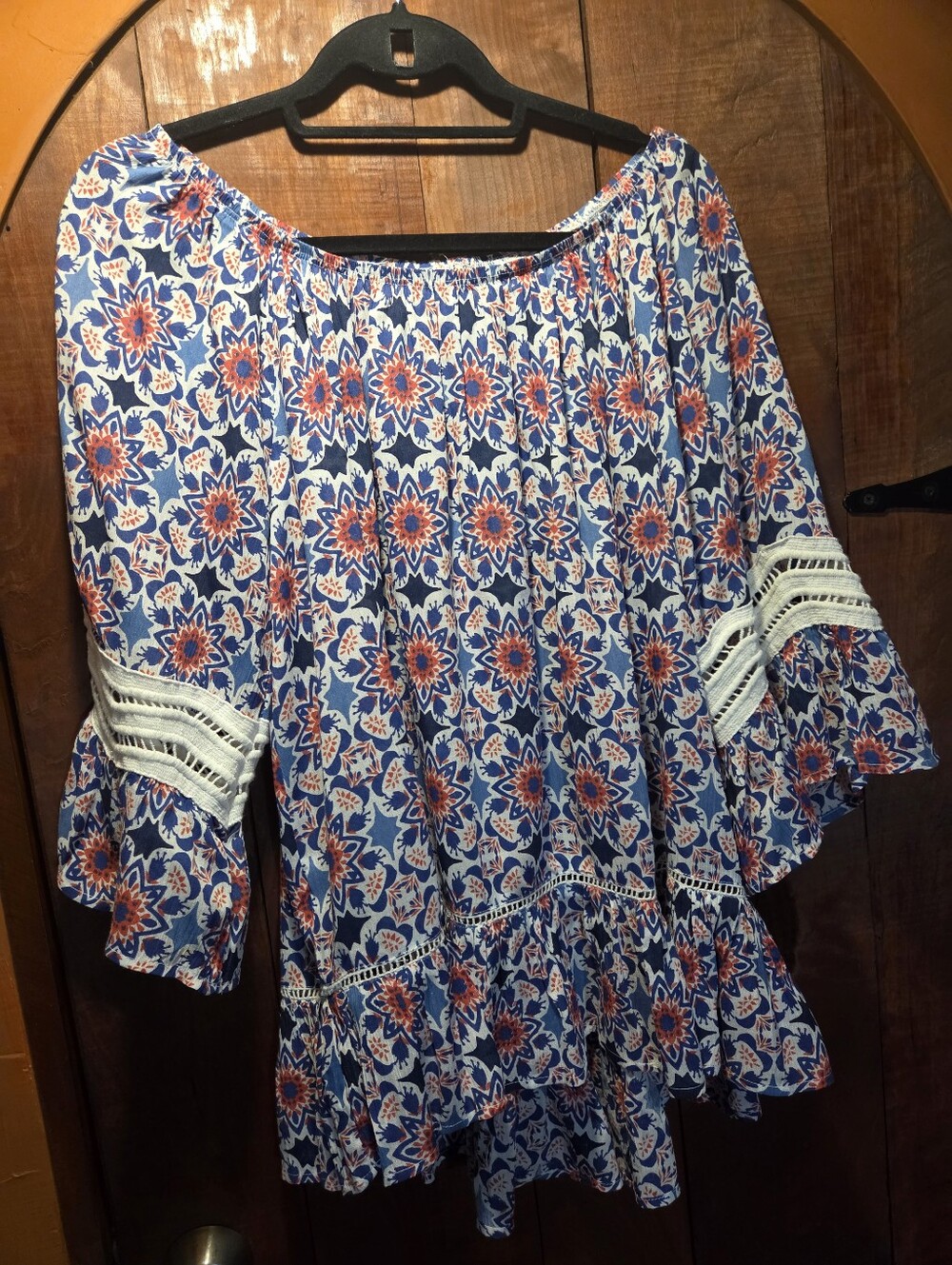 Blue Floral Off-Shoulder Peasant Top with Crochet Trim